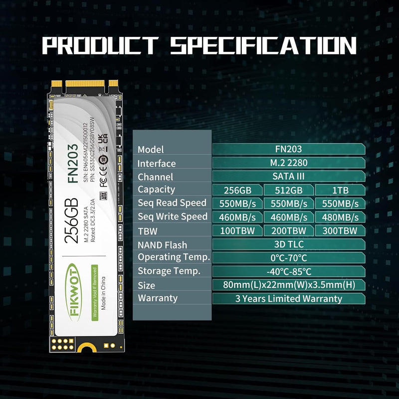Fikwot FN203 256GB M.2 SATA SSD - SLC Cache 3D NAND TLC SATA III 6Gb/s M.2 2280 NGFF Internal Solid