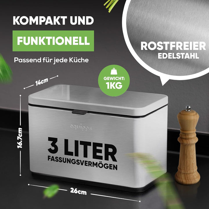 equipps Bio Mülleimer 3L Silber | Komposteimer Küche für Bio Müll & Co | Mülleimer mit Geruchsfilter