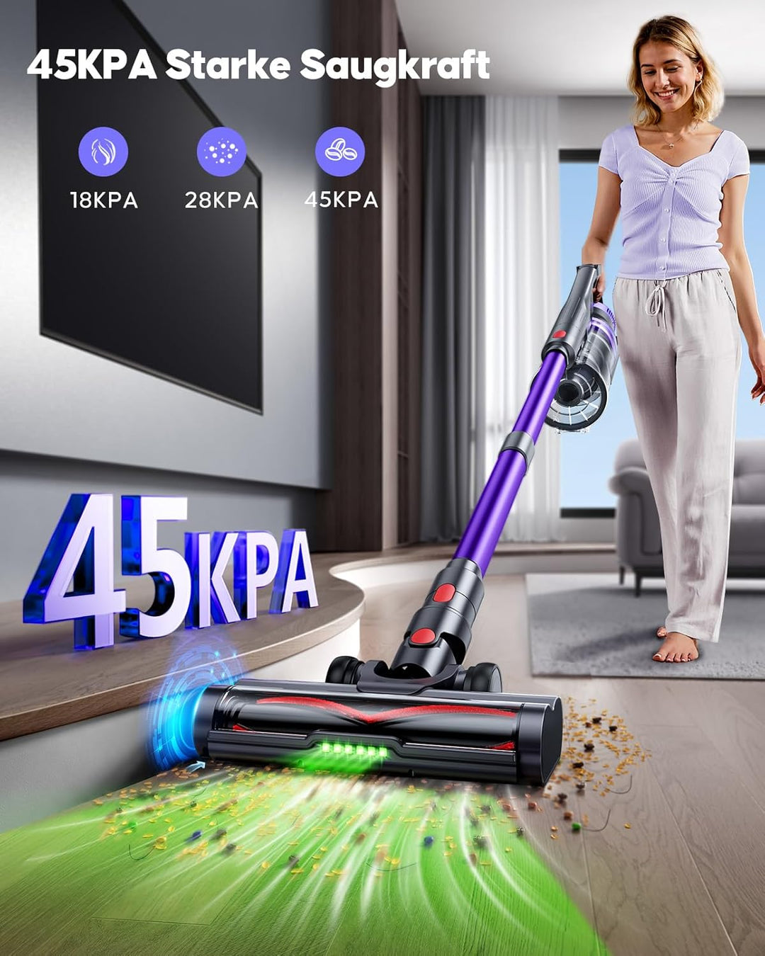 Akku Staubsauger 600W/50kPa/65Min, Staubsauger Kabellos mit HD-Display, Aromatherapie,1,8L-Staubbehä