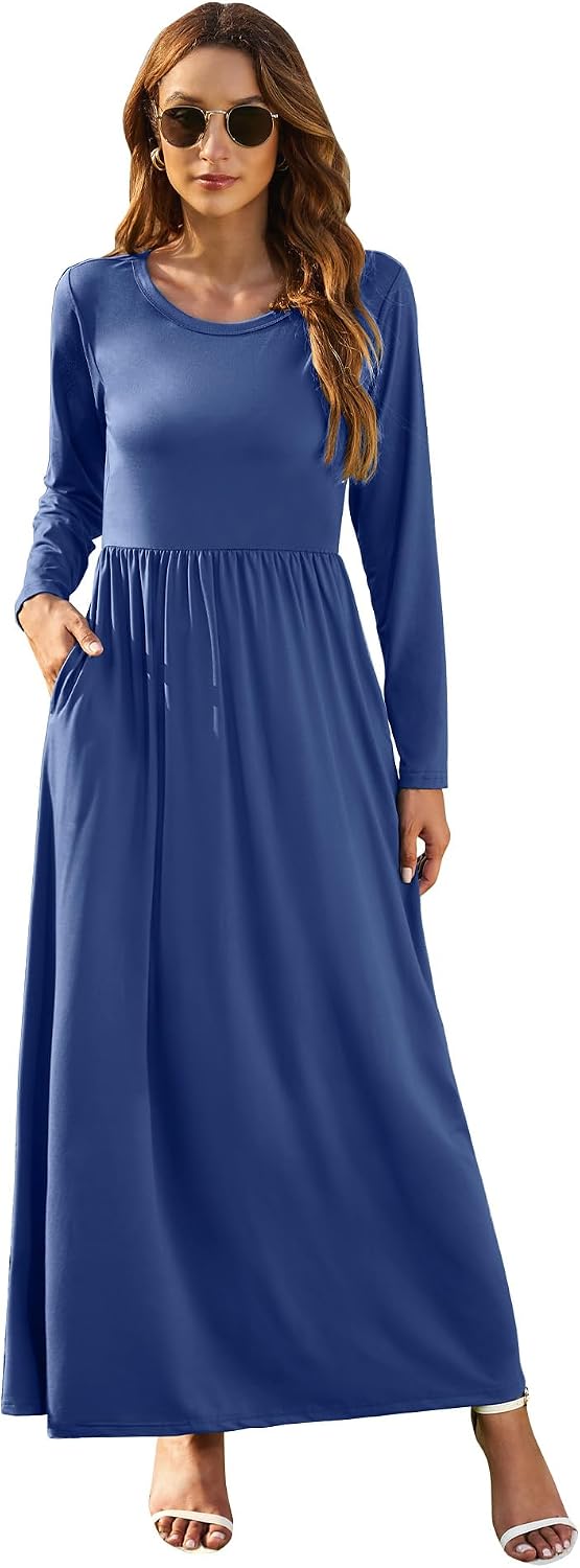 AUSELILY Damen Langarm Maxikleider Lässige Langkleider mit Taschen Winter XS Königsblau, XS Königsbl