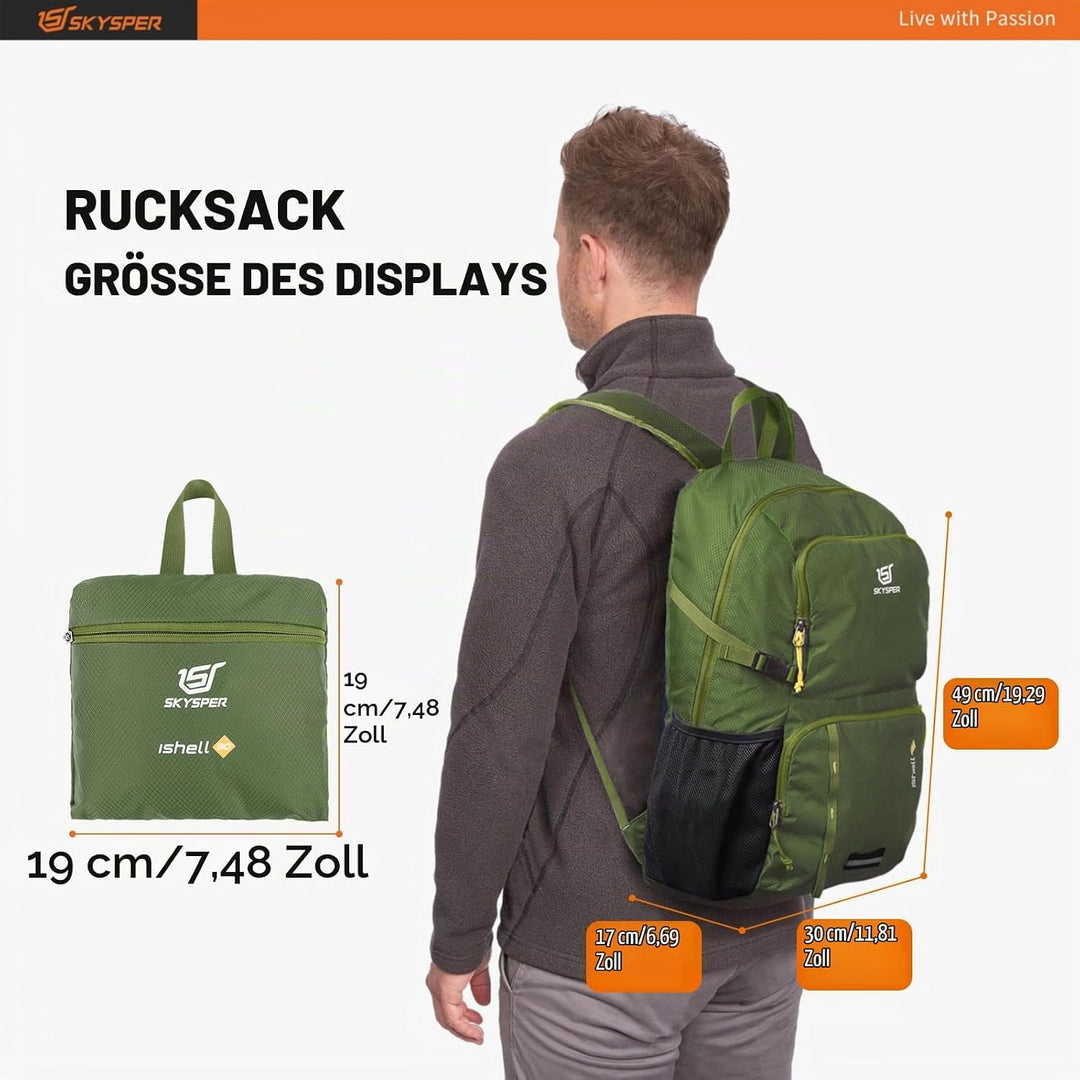 SKYSPER Ultraleichter Faltbarer Rucksack mit Nassfach - Wasserfest und Verstaubarer Daypack für Wand
