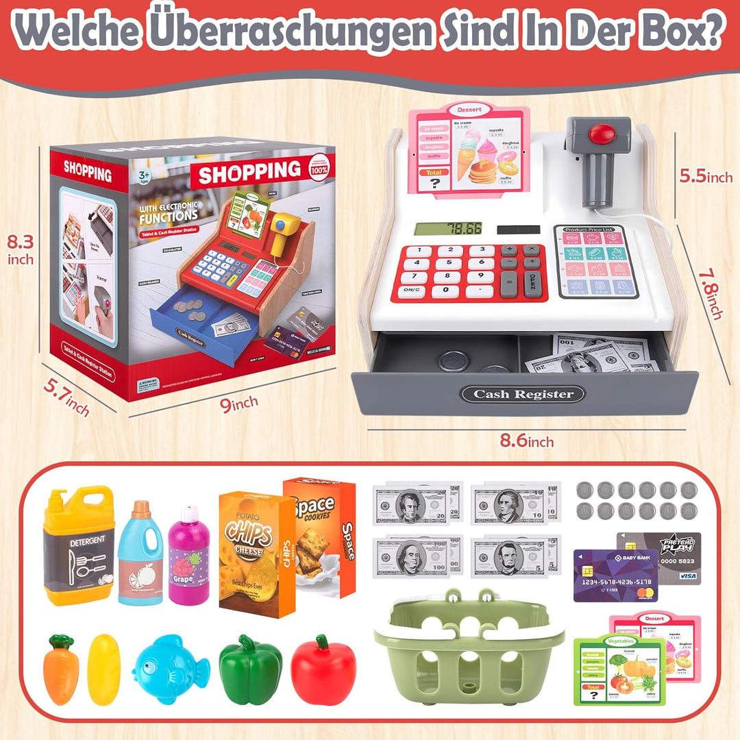JONRRYIN Holz Kasse Kinder Spielzeug, Spielkasse Kinderkasse mit Scanner & Sound, Spielgeld Einkaufs
