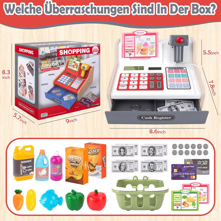 JONRRYIN Holz Kasse Kinder Spielzeug, Spielkasse Kinderkasse mit Scanner & Sound, Spielgeld Einkaufs