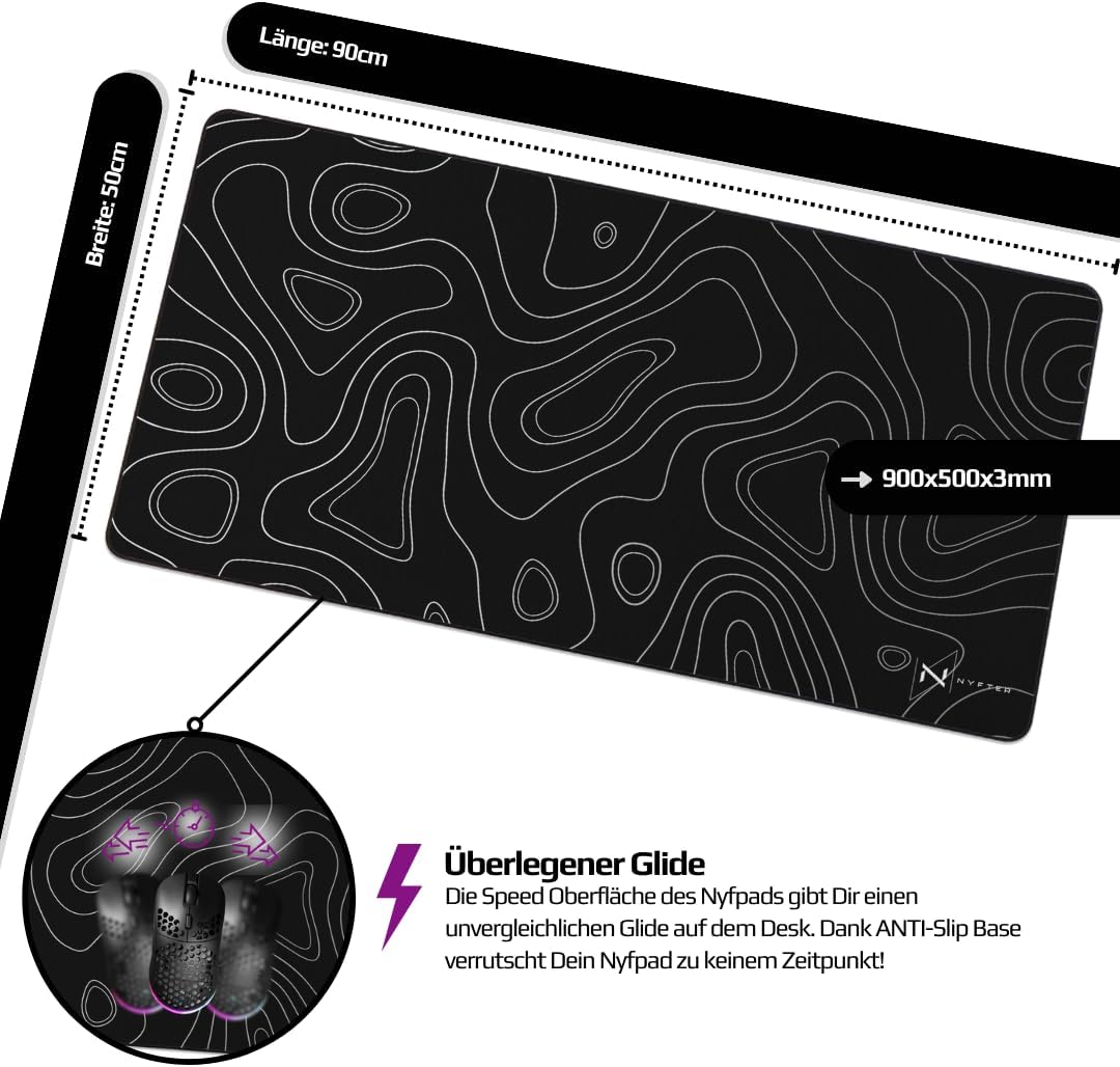 Nyfter - XXL Gaming Mauspad Black im Topography Design 900 x 500mm Premium Mousepad Size Gross vernä