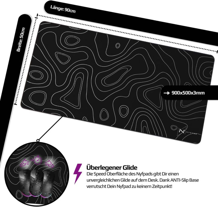 Nyfter - XXL Gaming Mauspad Black im Topography Design 900 x 500mm Premium Mousepad Size Gross vernä