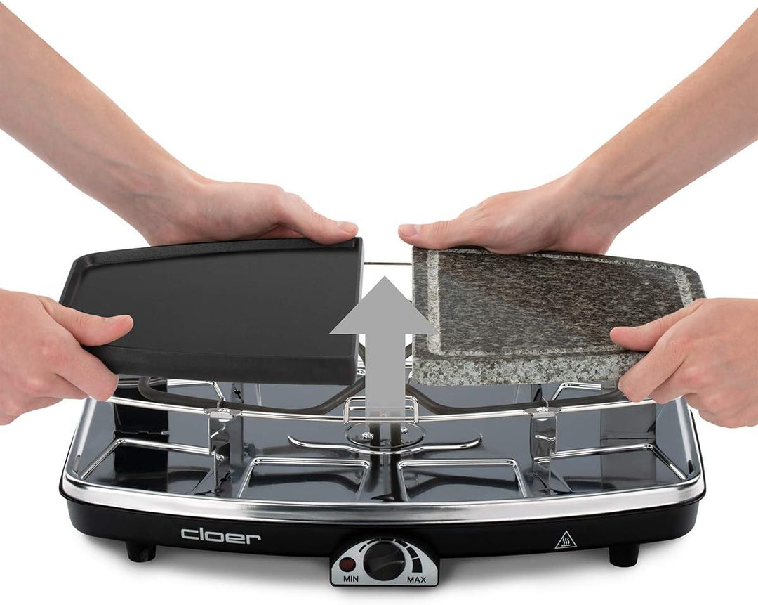 Cloer 6435 Raclette mit Naturstein / 1200 W / 8 antihaftbeschichtete Raclettepfännchen Geteilte
