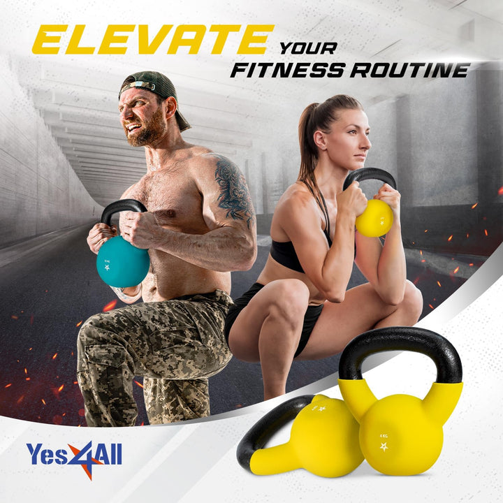 Yes4All 2-20kg Kettlebell aus Gusseisen mit Neopren Beschichtung, Mehrfarbige Kettlebells, Schwungha