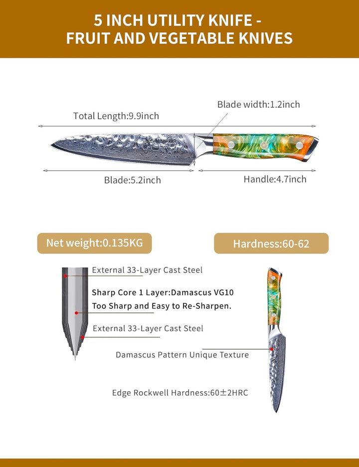13 cm Allzweckmesser für Obst und Gemüse - Profi Kochmesser, Gehämmertem Damaskus Stahl und Harz Gri