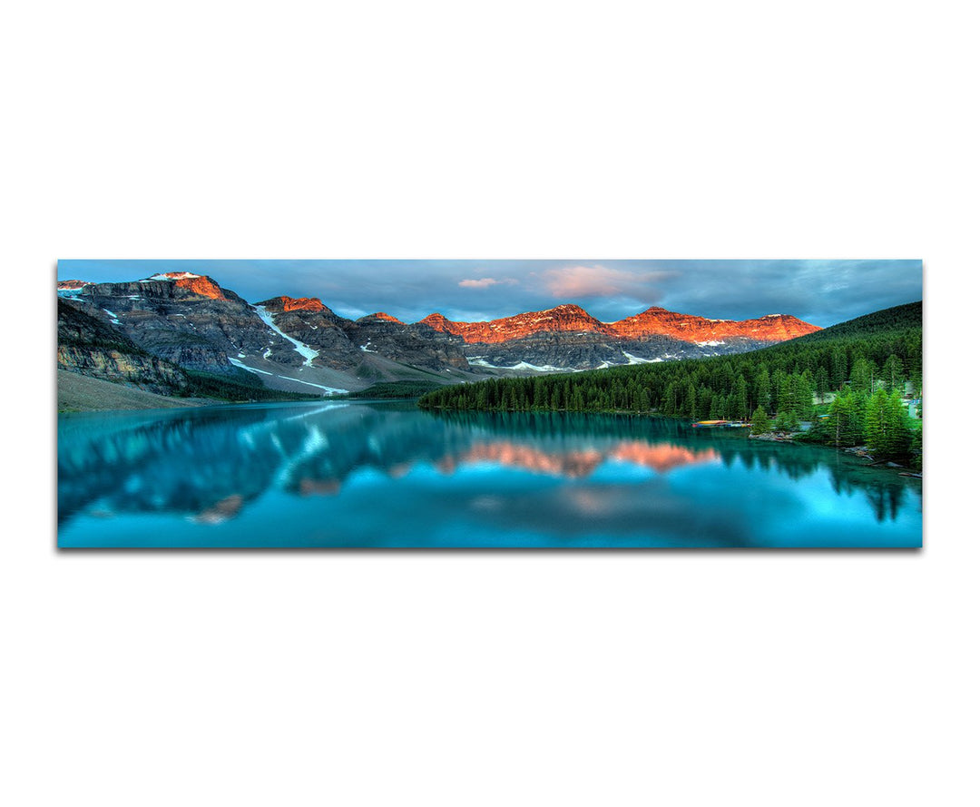 Paul Sinus Art Panoramabild auf Leinwand und Keilrahmen 150x50cm Landschaft Berge Wald See Sonnenauf