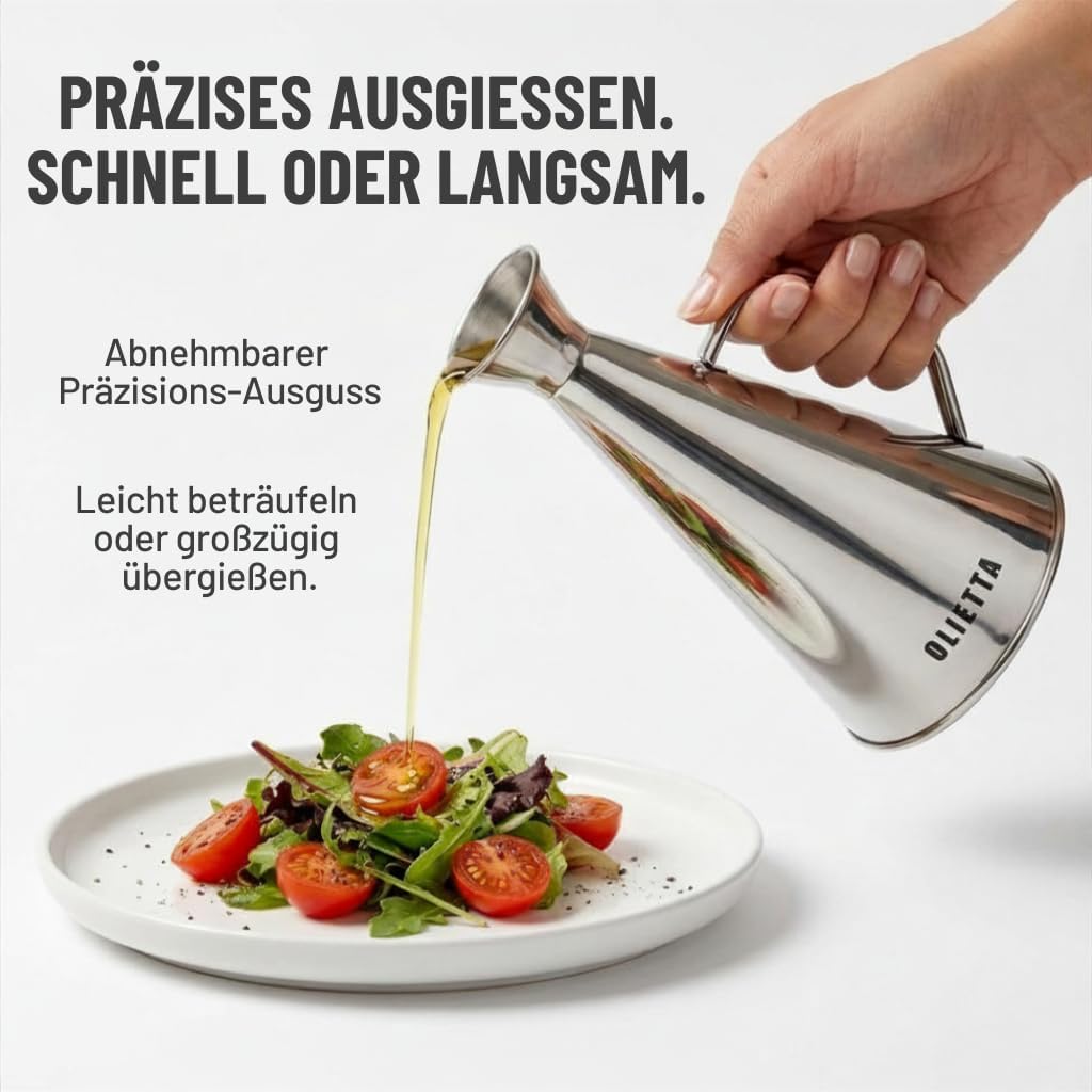 Olietta Ölflasche Tropf- und auslaufsichere aus Edelstahl 1000 ml Olivenöl flasche mit Ausgiesser zu