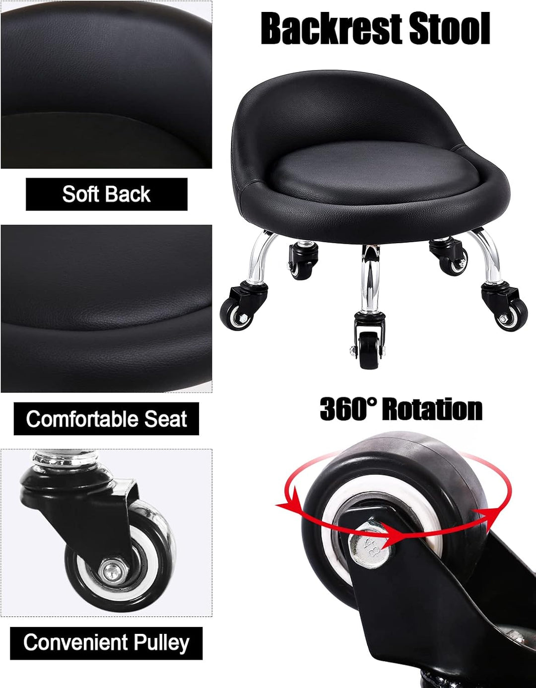 EBANKU Kleine Niedrig Rollhocker, Rollhocker Drehhocker Arbeitshocker, Rückenlehne 360° Rollhocker N