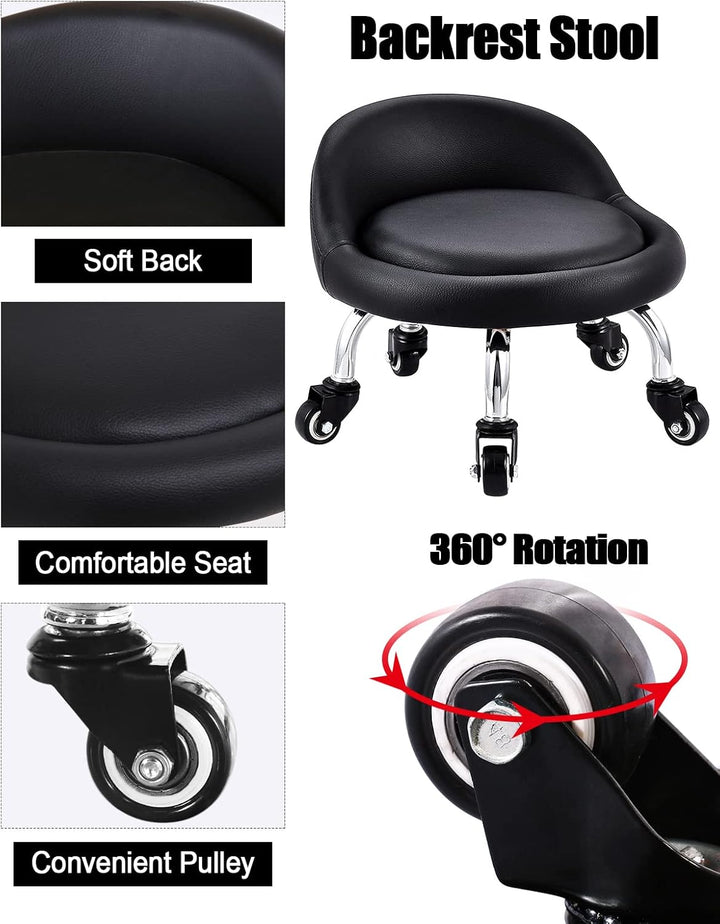 EBANKU Kleine Niedrig Rollhocker, Rollhocker Drehhocker Arbeitshocker, Rückenlehne 360° Rollhocker N