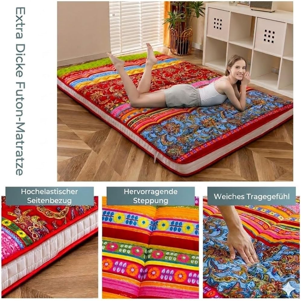 MAXYOYO Böhmische Retro-Bodenmatratze, Vintage-Blumenmuster, japanische Futon-Matratze, aufrollbar,
