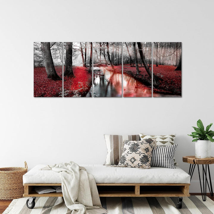 Runa Art Wandbild XXL Wald Landschaft Schlafzimmer Wohnzimmer 200 x 80 cm Rot 5 Teilig - Made in Ger