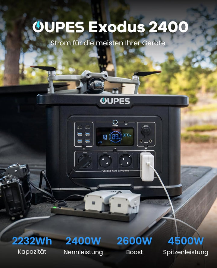 OUPES Exodus 2400 Tragbare Powerstation 2400W, 2232Wh Solargenerator mit 4 Steckdose (Boost 2600W, 4