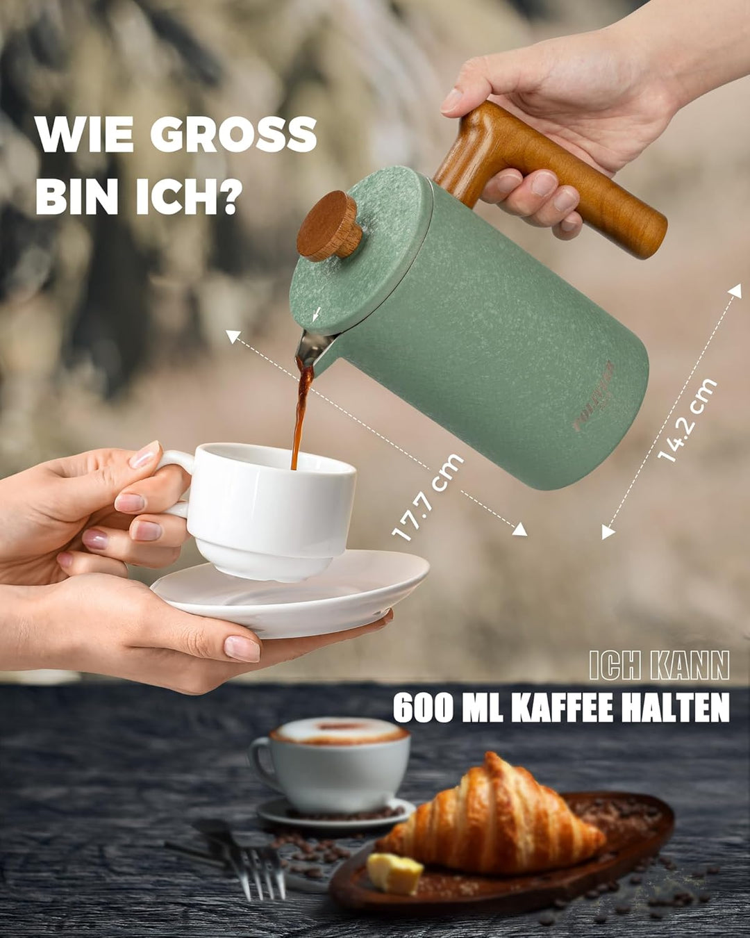 Poliviar French Press Kaffeebereiter 600 ml/21oz, Doppelwandige Isolierte Kaffeekanne und Teebereite