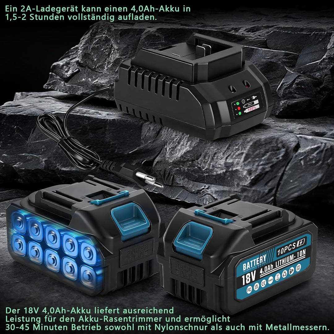980W Akku Rasentrimmer mit 2 * 4Ah Akkus und Ladegerät, 7-in-1 Bürstenloser Akku Freischneider mit 1