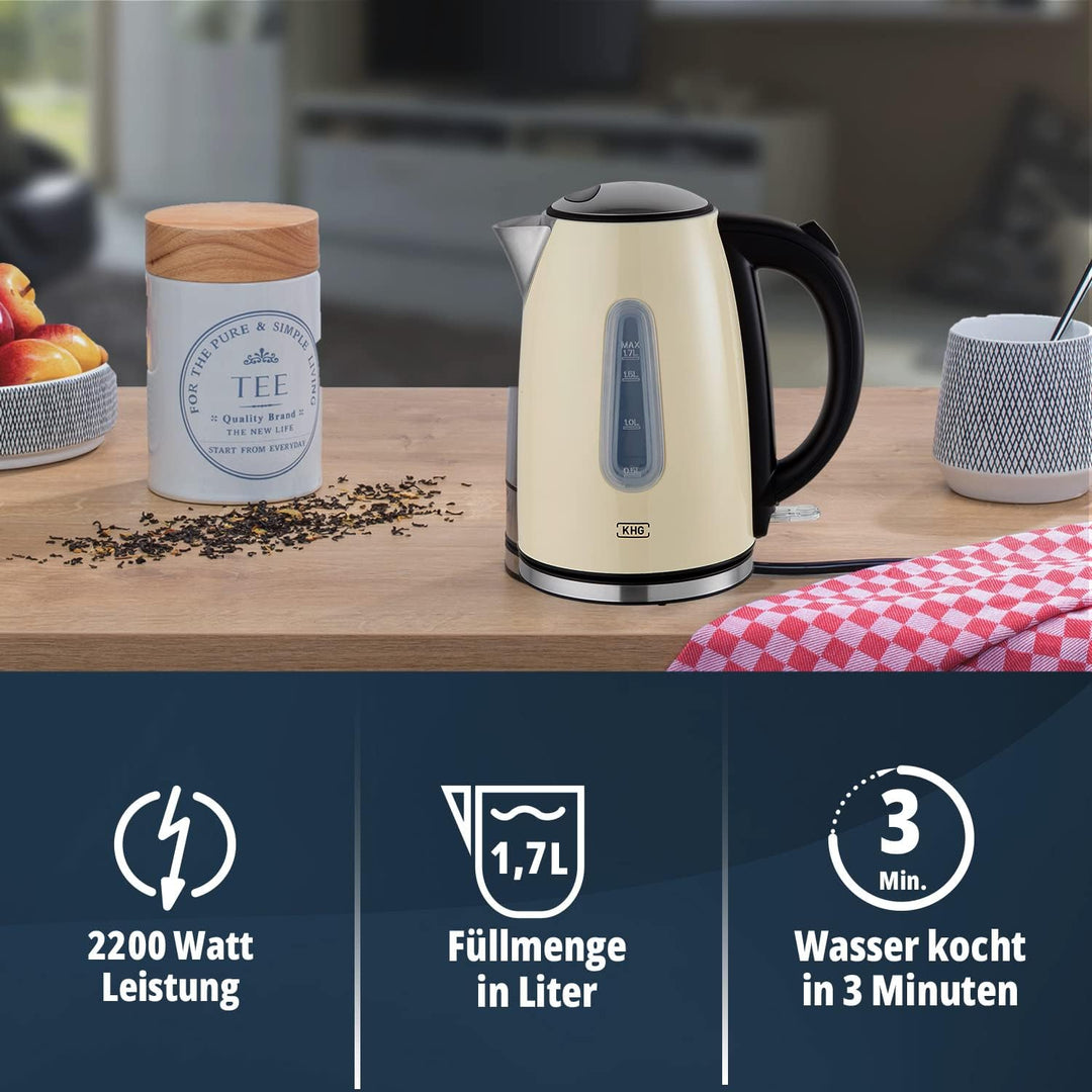 KHG Wasserkocher WK-1707 CE Edelstahl creme 1,7 Liter, auswaschbarer Kalkfilter, Wasserstandsanzeige