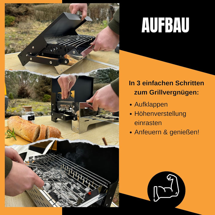 SCHNEIDERFREUDE Klappgrill 2.0: Höhenverstellbarer Camping-Grill mit Doppelfunktions-Zangen & Tasche
