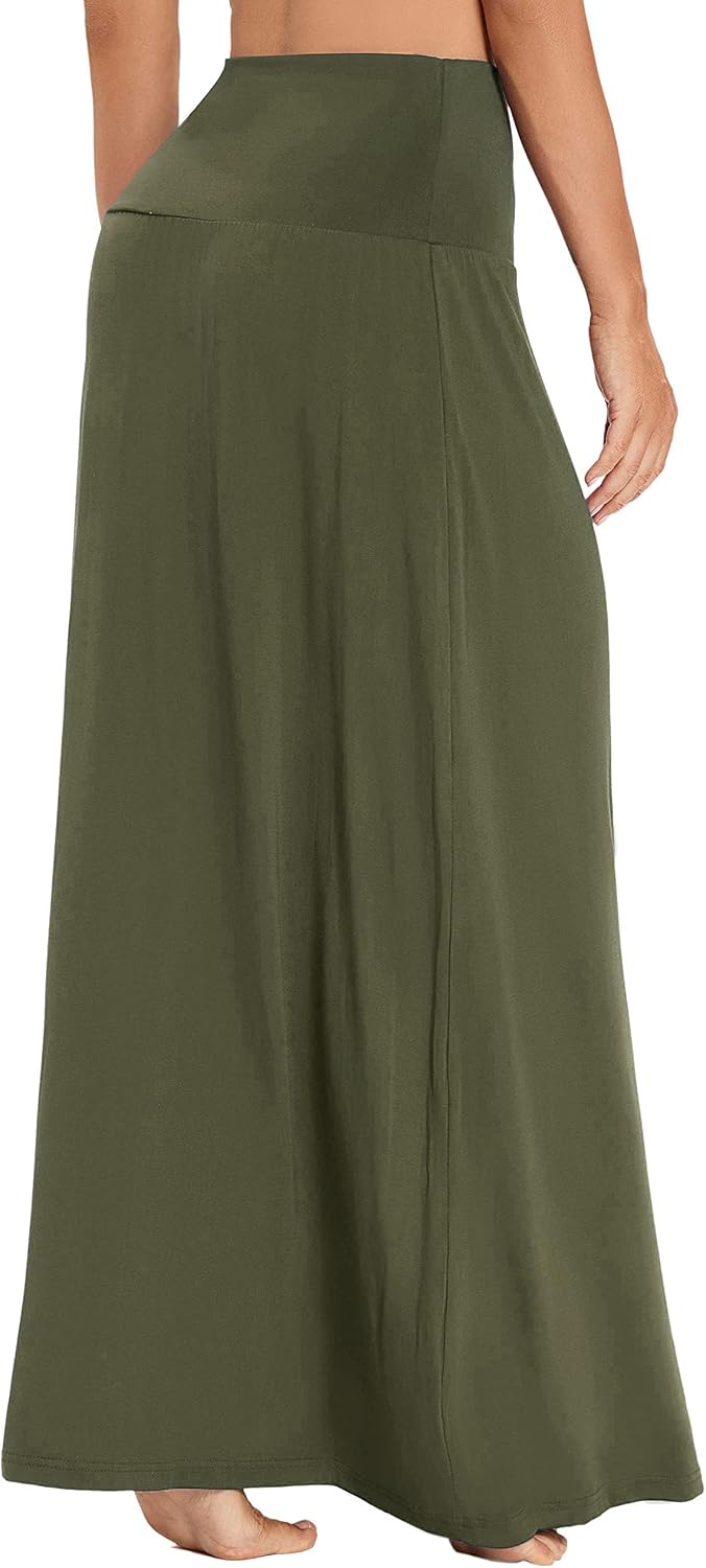 Damen Sommer Hohe Taille Boho Yoga Maxi Rock Elastisch Pull On Lang Röcke S Armeegrün, S Armeegrün