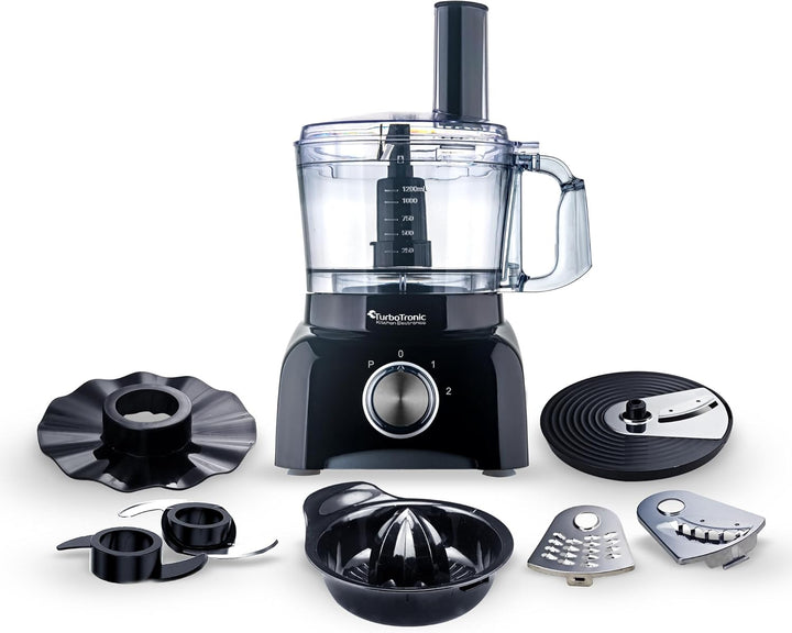 TurboTronic/Food Processor / 1,2L mini small/schwarz/Küchenmaschine mit Mixer, Raspelscheiben, Zitru