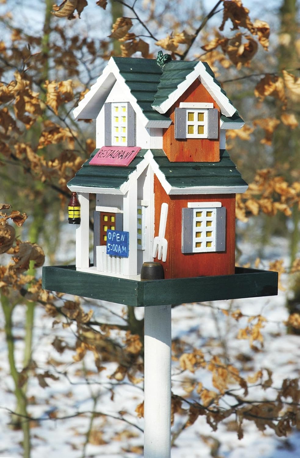 dobar® 25307FSC Buntes Vogelfutterhaus Restaurant - Vogelhaus inklusive Ständer Western Style - Klei