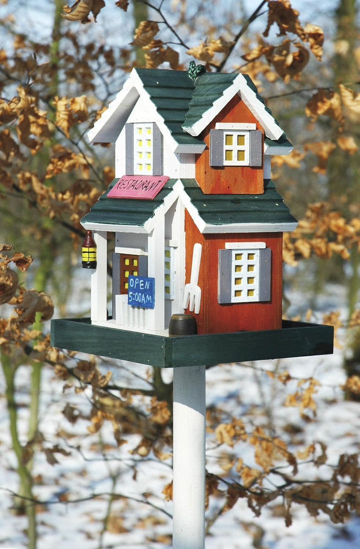 dobar® 25307FSC Buntes Vogelfutterhaus Restaurant - Vogelhaus inklusive Ständer Western Style - Klei