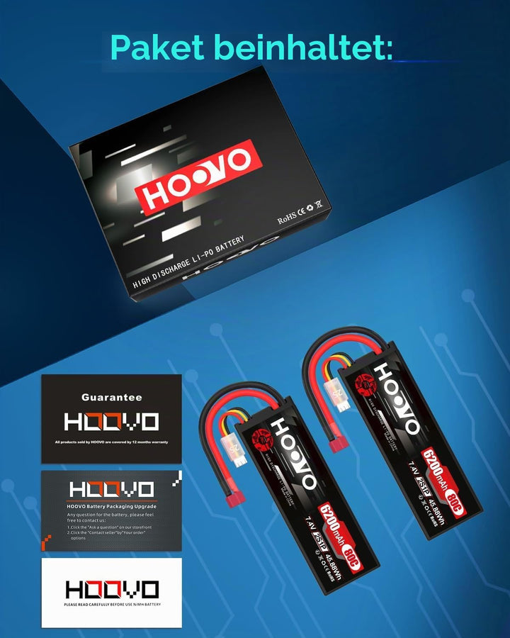 HOOVO 2S Lipo Akku 7,4V 80C 6200mAh RC Batterie mit Deans Stecker Batterie für RC Auto Flugzeug Heli