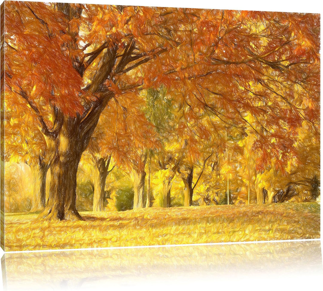 Pixxprint schöne Herbstlandschaft Kunst Buntstift Effekt, Format: 100x70 auf Leinwand, 100x70