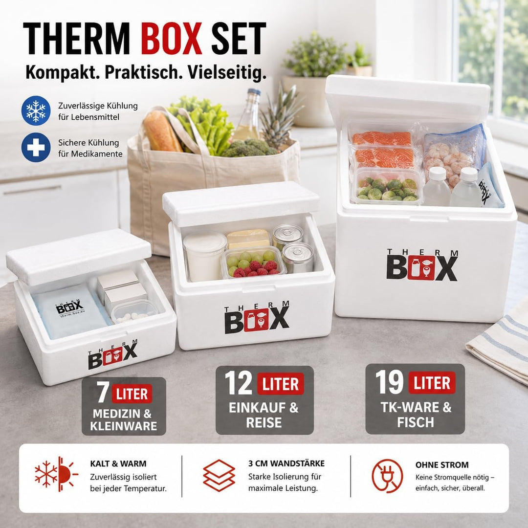 THERM BOX 3er Set Styroporbox 7W 12W 19W Innen L33,5 x B23,5 cm Innenhöhen 9/15/27 cm Wandstärke 3 c