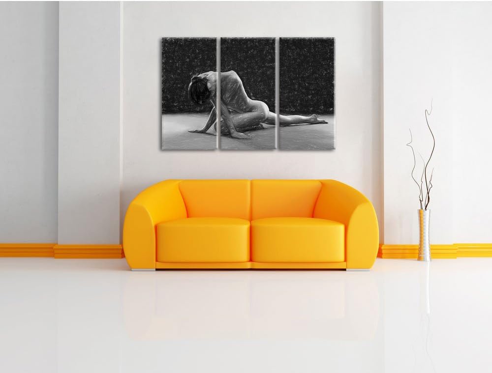 Pixxprint Schöne sexy Frau Macht Yoga Kunst Buntstift Effekt 3-Teiler Leinwandbild 120x80 Bild auf L