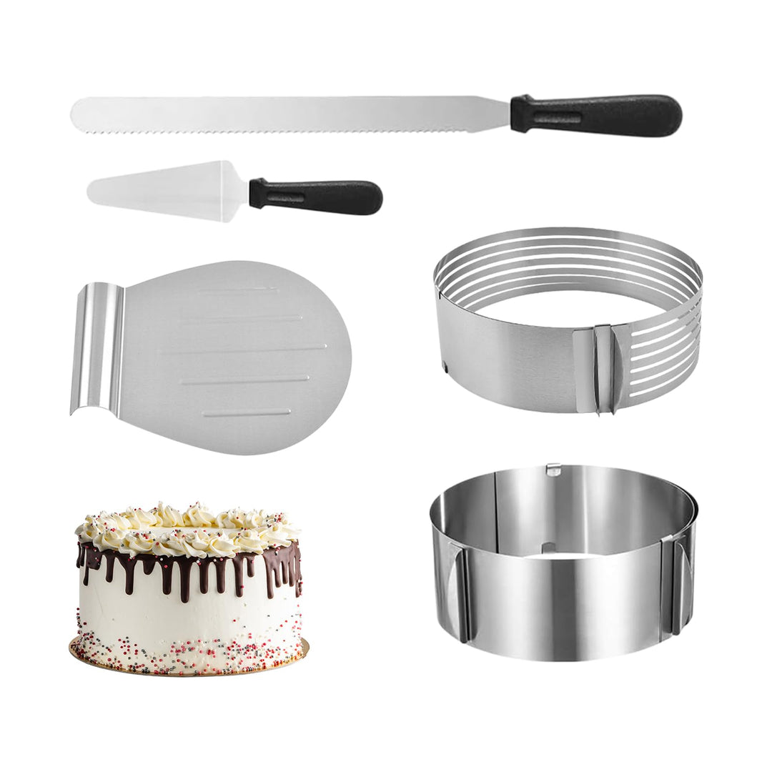5 Stück Tortenring verstellbar: Torten Schneidehilfe mit Tortenschneider, Tortenretter &amp; Palette, Ku
