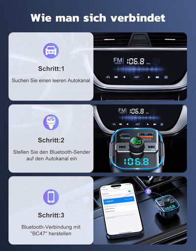 Glangeh 2-in-1 Bluetooth Adapter Auto & Schnelles Autoladegerät (PD 36W & QC3.0 18W) - Neuester FM T