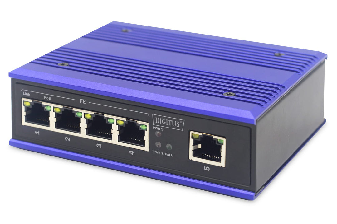 DIGITUS PoE Netzwerk-Switch - 5-Port Fast Ethernet - DIN-Rail Montage - Klemmleiste - Lüfterlos - Sc