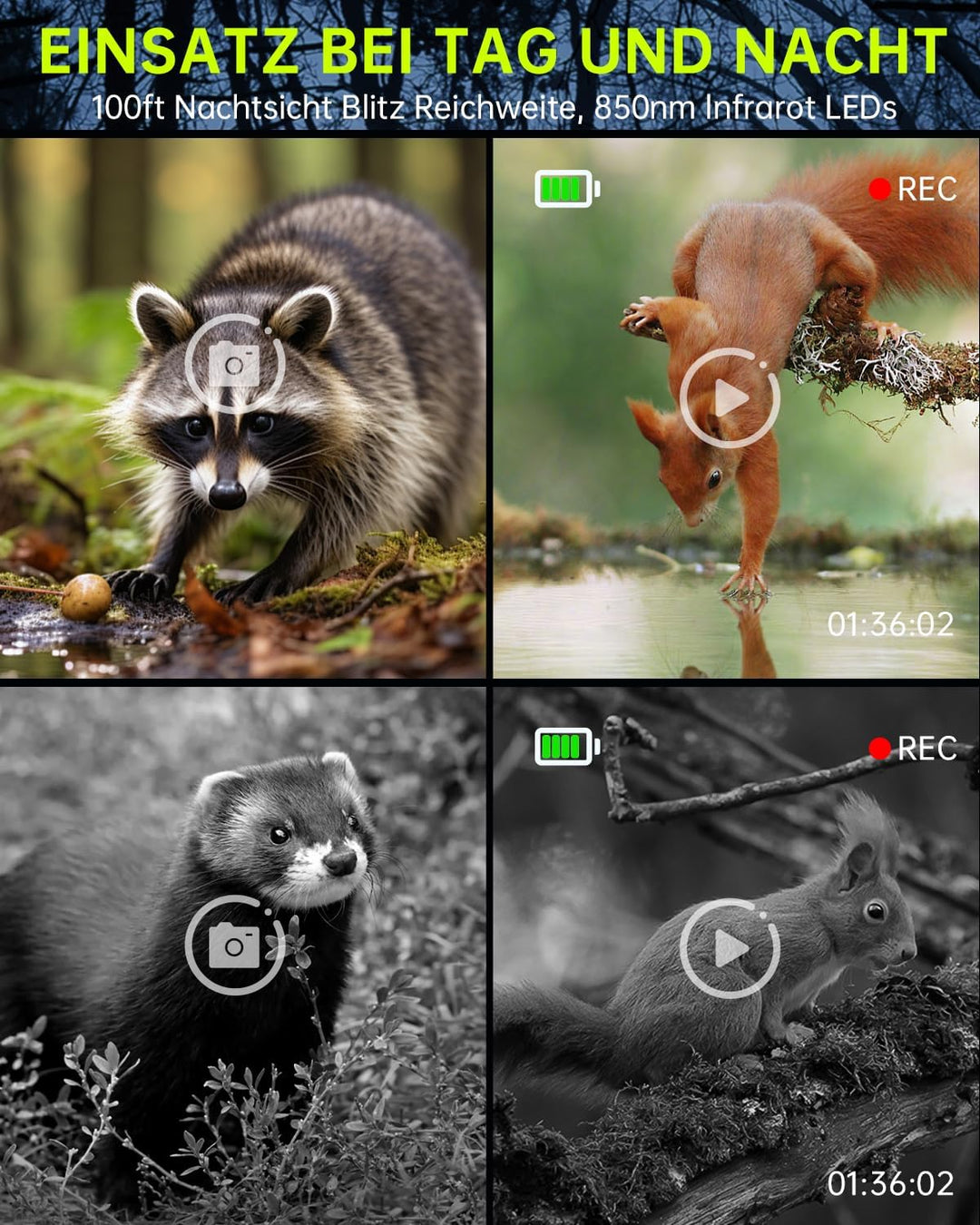 FKPCAM Wildkamera Solar WLAN mit Handyübertragung App, 4K HD Video 64MP Eingebaute 5000mAh Lithium-B