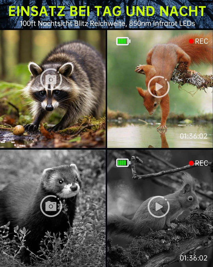 FKPCAM Wildkamera Solar WLAN mit Handyübertragung App, 4K HD Video 64MP Eingebaute 5000mAh Lithium-B