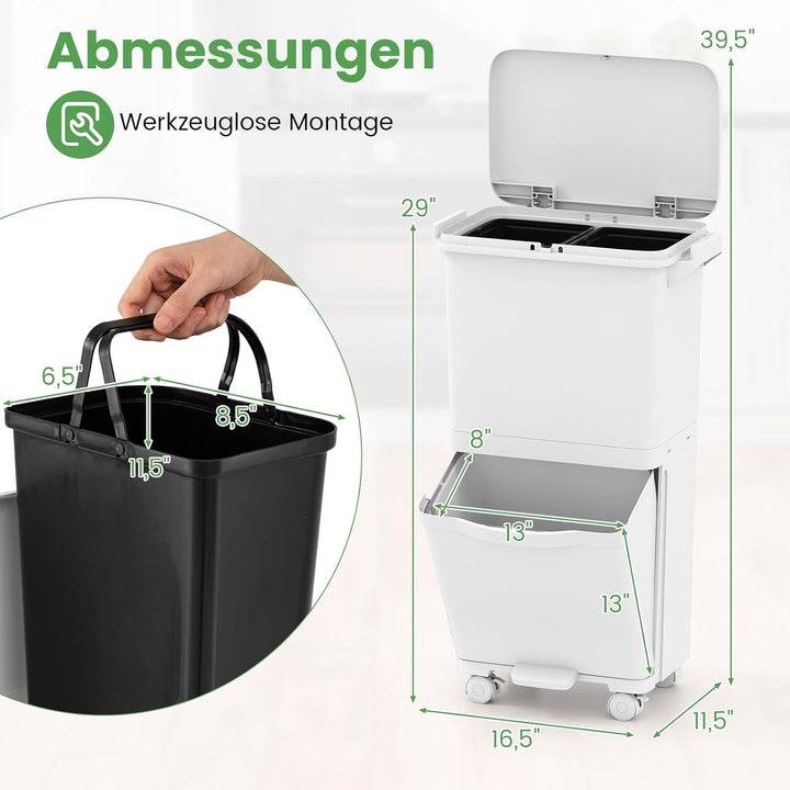 COSTWAY Mülleimer 3 Fächer 36L, Abfalleimer Küche mit Deckel, Tretmülleimer auf Rädern mit 2 herausn