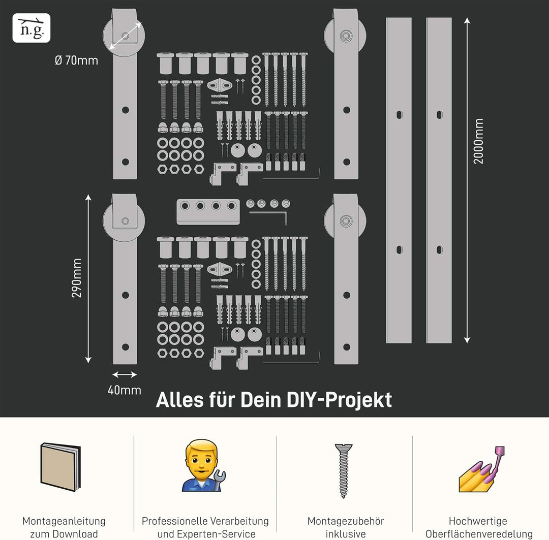 1x Natural Goods Berlin SCHIEBETÜRSYSTEM mehrere Modelle, Schwarz pulverbeschichtet, 2m, Scheunentor