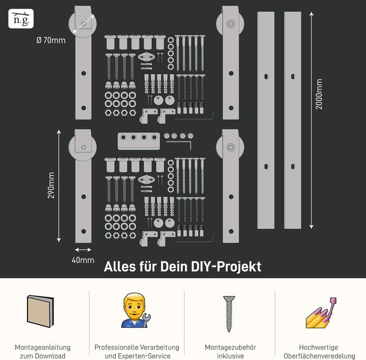 1x Natural Goods Berlin SCHIEBETÜRSYSTEM mehrere Modelle, Schwarz pulverbeschichtet, 2m, Scheunentor
