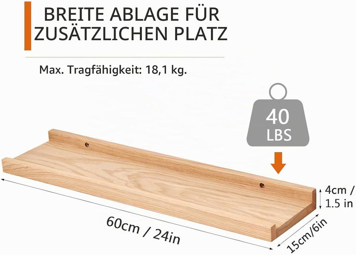 TREOAKWIS Bilderleiste Holz, 60cm Wandregal Holz Eiche Schweberegal Regale Naturholz Wandregale Mass