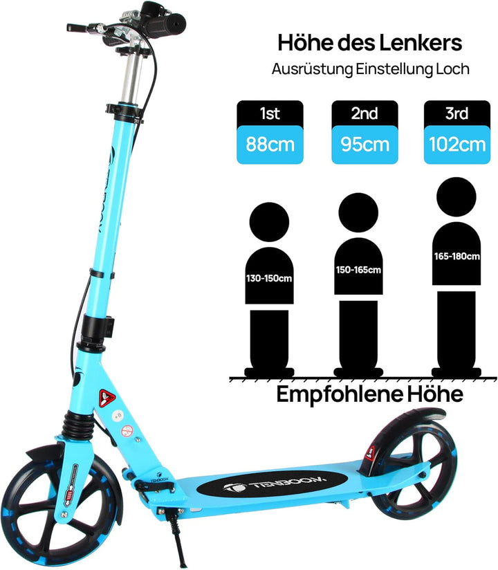 TENBOOM Roller Kinder 10 Jahre, Aluminium Tretroller klappbar Cityroller Höhenverstellbar, Roller Ki