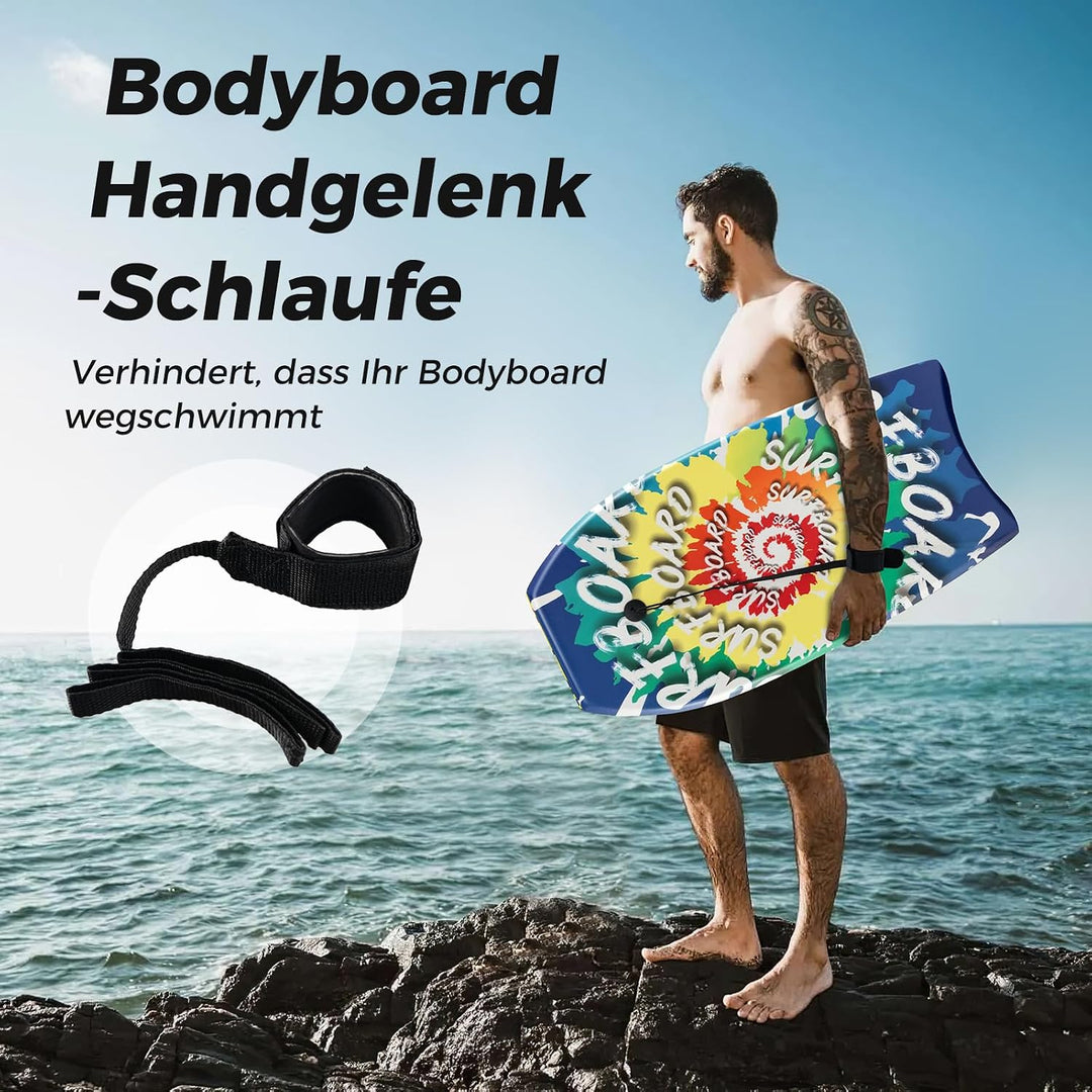 GYMAX Leichtes Bodyboard, Surfbrett mit EPS-Kern, XPE-Deck, HDPE-Unterseite, Halbmond-Heck & Handgel