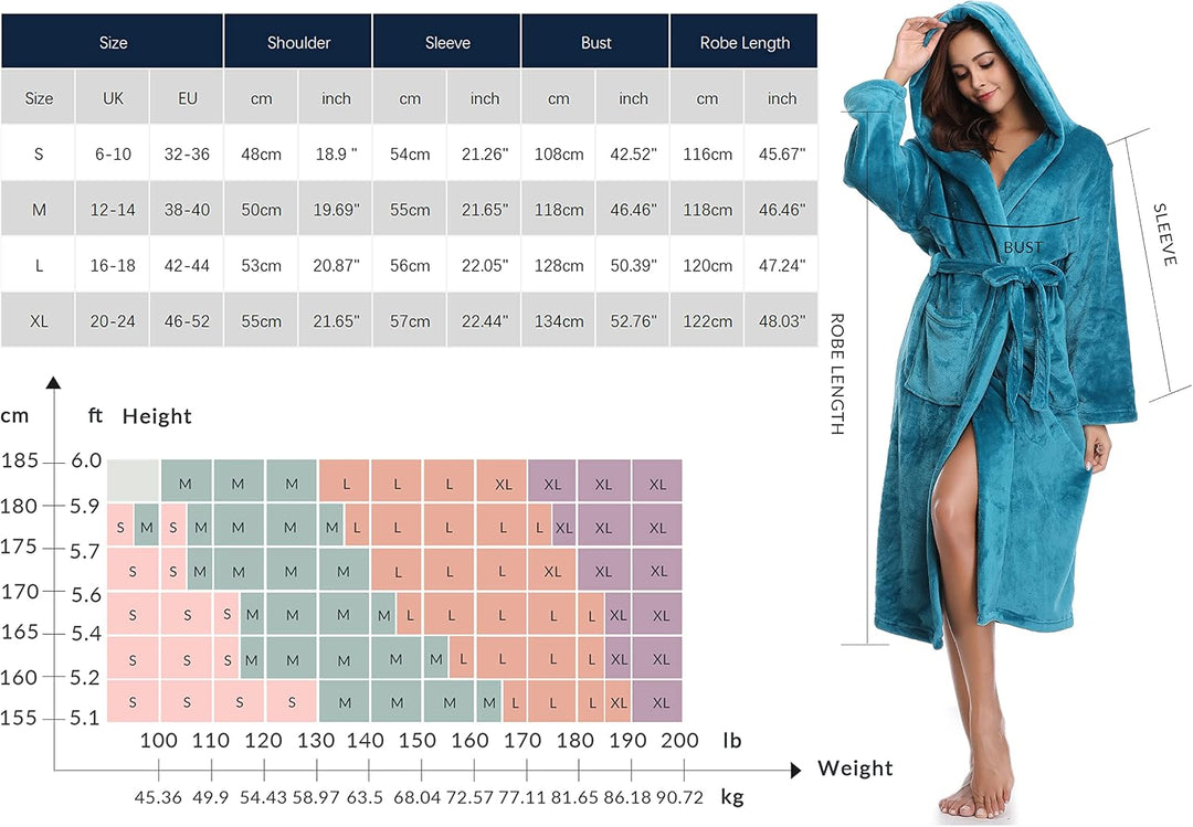 Vlazom Winter Bademantel weicher Flanell Bademantel Damen Saunamantel mit Kapuze flauschiger Morgenm