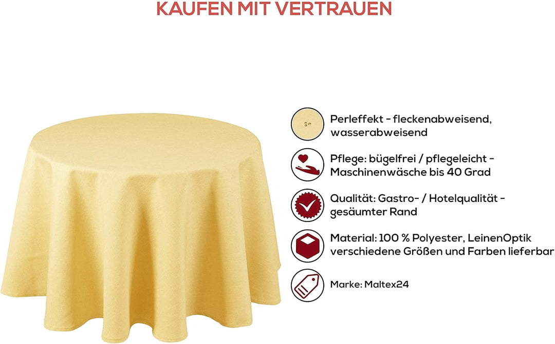 Textil Tischdecke - Leinen Optik - wasserabweisend Rund - Farbe Grösse wählbar (Gelb, 160 cm) Gelb 1