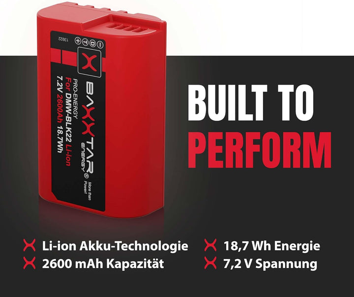 Baxxtar Pro DMW-BLK22 E Kamera-Akku 2X (2400mAh) - kompatibel mit Panasonic DC S5 S5II S5II-X S5K G9