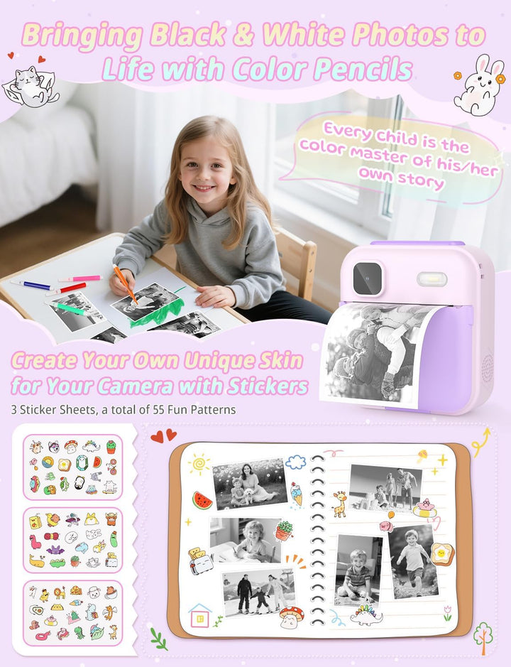 YOHOOLYO Sofortbildkamera Kinder 2,4 Zoll 1080P HD Kinderkamera mit 3 Rollen Druckpapier 32GB Karte