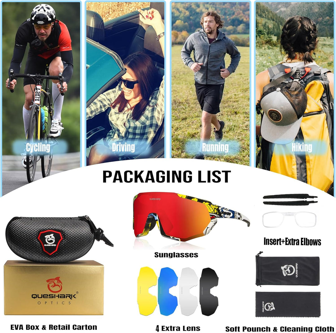 Queshark Sportbrillen Fahrrad Brillen Damen Herren Polarisierte UV400 Schutz mit 5 Wechselgläser Rad