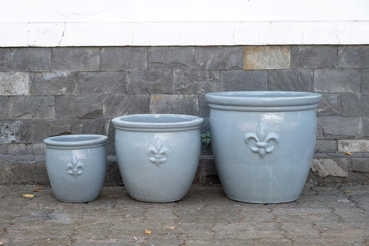 Pflanzgefäss Blumentopf Übertopf Fleur de LYS mit Lilie Keramik Blau Weiss Grau glasiert absolut Fro