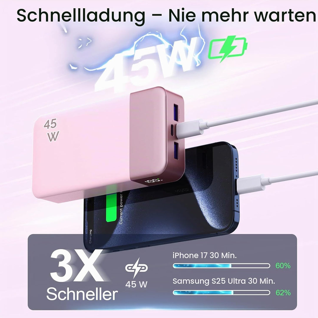 NOBIS 45W Power Bank Powerbank 20000mAh Schnellladung, 2×USB‑C (in/Out) &amp; 2×USB‑A, Digitalanzeige &amp;