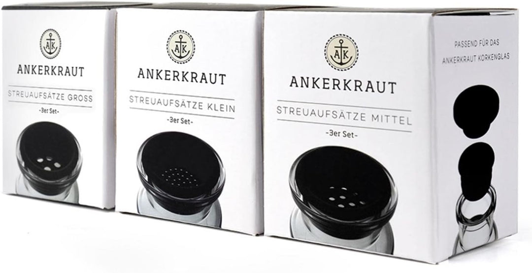 Ankerkraut Streueraufsätze für Korkengläser zum einfachen Dosieren, 3 x 3 verschiedene Lochgrössen,